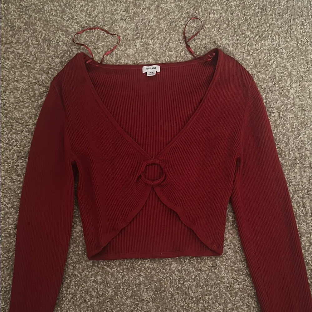 Garage Red Long Sleeve Crop Tie Front Blouse
